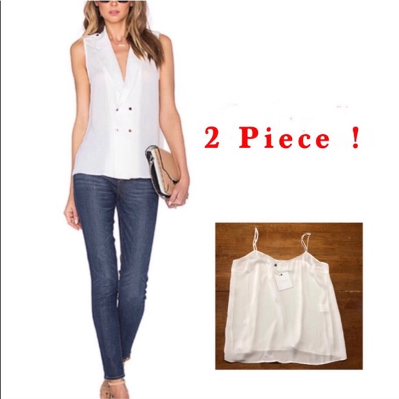 L'Academie Military Button Down Sleeveless White Blouse L REVOLVE Cami Satin M - Picture 1 of 10
